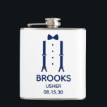 Cantil Laço Azul Usher<br><div class="desc">Esta garrafa é ótima para os ushers. Se toda a sua equipe de casamento estiver usando ternos, este design com suspensórios e um laço azul seria perfeito. Casual, mas formal. Seria ótimo para um fim de semana de despedida de solteiro ou festa de solteiro. Um presente divertido para um grande...</div>