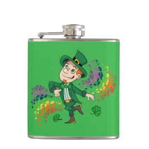 Cantil Leprechaun feliz sorrindo dançando, um arco-íris