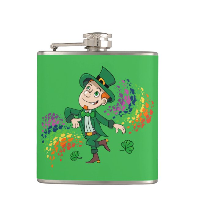 Cantil Leprechaun feliz sorrindo dançando, um arco-íris (Frente)