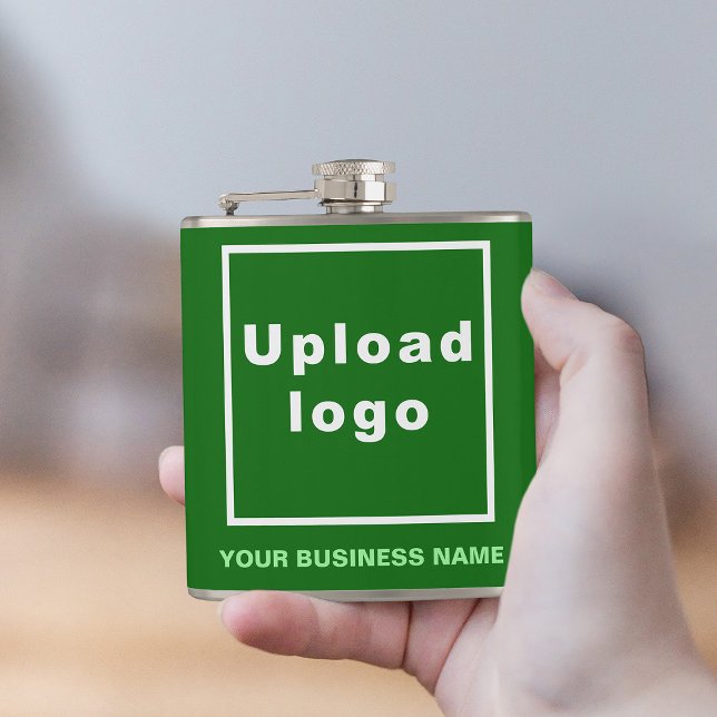 Cantil Marca comercial verde no frasco enrolado de vinil (Your business name and logo on green vinyl wrapped flask.)