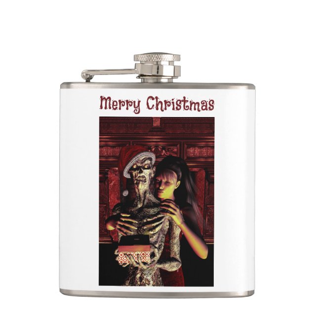 Cantil Merry Christmas. Funny skeleton with woman (Frente)