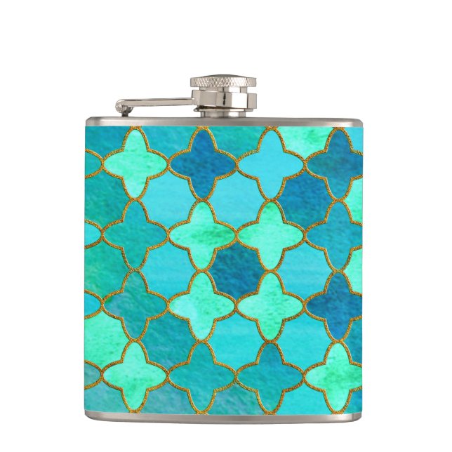 Cantil Mint Aqua Teal Dourado Padrão do Azulejo Oriental  (Frente)