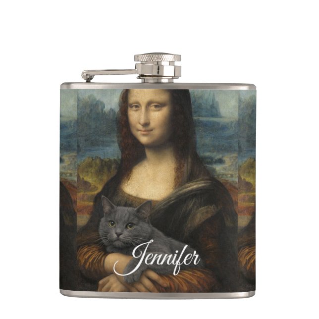 Cantil Mona Lisa segurando um gato cinza elegante (Frente)