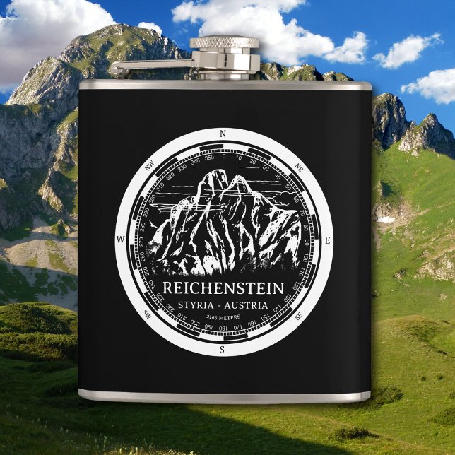 Cantil Monte Reichenstein - Alps Styria Austria (Mount Reichenstein - Styria Austria Alps Flask in Back with a white compass mountain illustration)