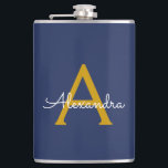 Cantil Nome do Monograma da Rapariga do Script Moderno Do<br><div class="desc">Nome do Monograma Azul Dourado e Marinho e Flask Inicial. Isto faz o doce e perfeito aniversário de 16 anos,  casamento,  chá de panela,  aniversário,  chá de fraldas ou festa de solteira presente para alguém que ama luxo de luxo e estilos quíticos.</div>