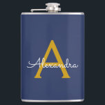 Cantil Nome do Monograma da Rapariga do Script Moderno Do<br><div class="desc">Nome do Monograma Azul Dourado e Marinho e Flask Inicial. Isto faz o doce e perfeito aniversário de 16 anos,  casamento,  chá de panela,  aniversário,  chá de fraldas ou festa de solteira presente para alguém que ama luxo de luxo e estilos quíticos.</div>