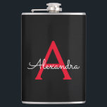Cantil Nome do Monograma da Rapariga do Script Preto Verm<br><div class="desc">Nome do Monograma Vermelho e Preto e Flask Inicial. Isto faz o doce e perfeito aniversário de 16 anos,  casamento,  chá de panela,  aniversário,  chá de fraldas ou festa de solteira presente para alguém que ama luxo de luxo e estilos quíticos.</div>