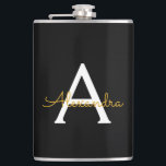 Cantil Nome do Monograma Rapariga de Script Moderno Doura<br><div class="desc">Nome do Monograma Dourado e Preto e Flask Inicial. Isto faz o doce e perfeito aniversário de 16 anos,  casamento,  chá de panela,  aniversário,  chá de fraldas ou festa de solteira presente para alguém que ama luxo de luxo e estilos quíticos.</div>