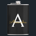 Cantil Nome do Monograma Rapariga de Script Moderno Doura<br><div class="desc">Nome do Monograma Dourado e Preto e Flask Inicial. Isto faz o doce e perfeito aniversário de 16 anos,  casamento,  chá de panela,  aniversário,  chá de fraldas ou festa de solteira presente para alguém que ama luxo de luxo e estilos quíticos.</div>