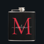 Cantil Nome do Script Na moda do Monograma Red Burgundy P<br><div class="desc">Frasco de Nome do Script de Na moda do Monograma Vermelho do Monograma preto Elegante</div>