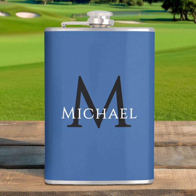 Cantil Nome Inicial Personalizado Preto Azul (Monogrammed Name Initial Black Blue Custom Flask)
