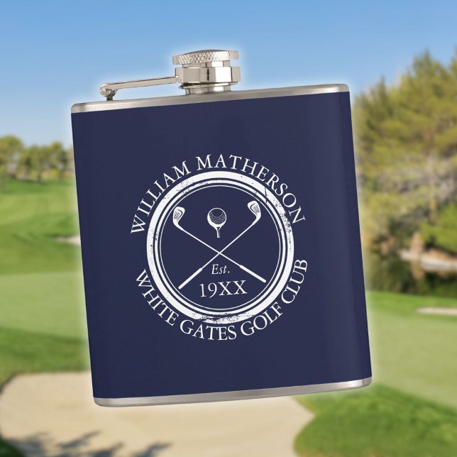Cantil Nome Personalizado do Clube de Golfe Azul Marinho (Personalized Navy Blue Golf Club Name Flask)