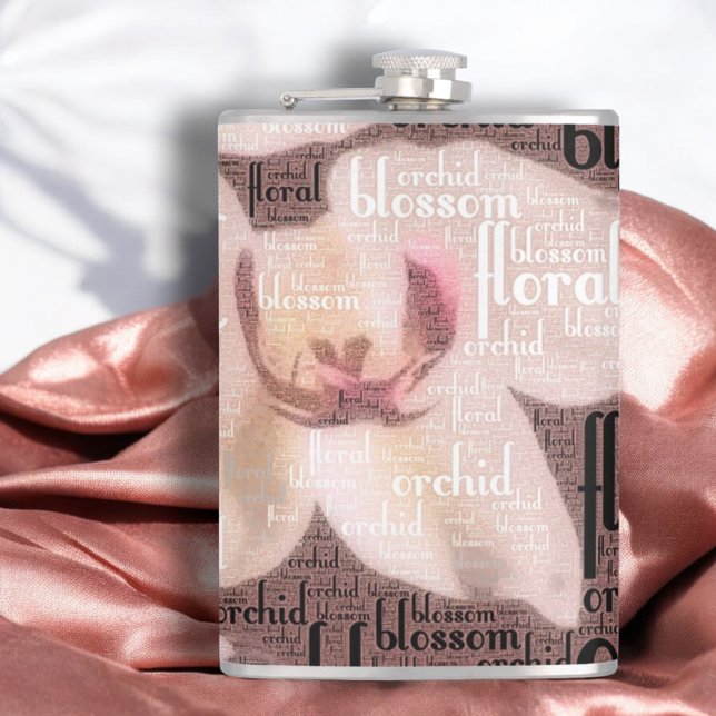 Cantil Orquídea Rosa Dourada Floral Colagem de Flores (8 oz flask front word cloud orchid design)