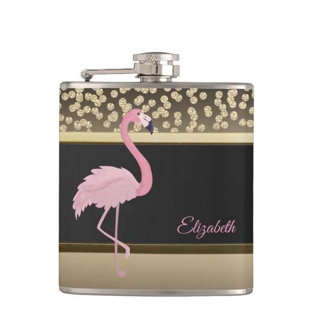 Cantil Ouros Dourados Elegantes, Flamingo Rosa Personaliz (Frente)