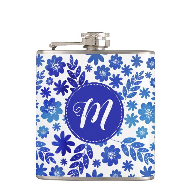 Cantil Padrão Floral e Monograma Desenhado à Mão Azul na  (Frente)