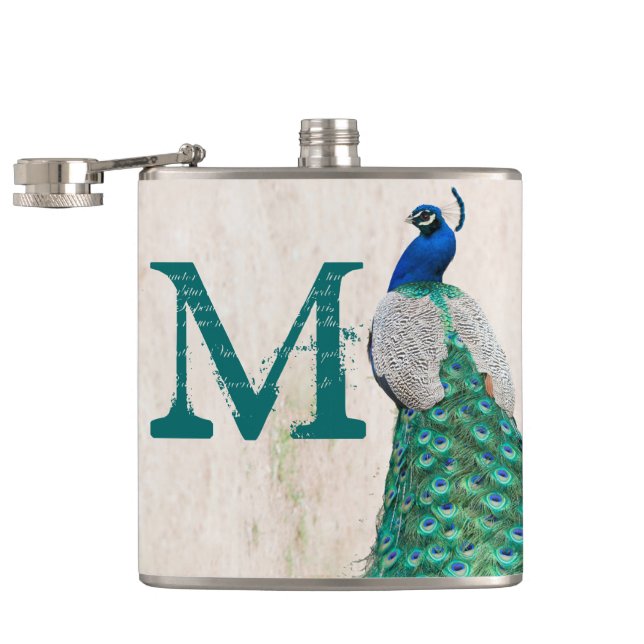 Cantil Peacock Bird Feather Teal Monograma Whiskey Flask (Aberto)