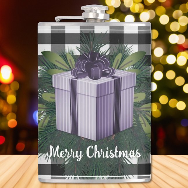 Cantil Presente de Natal na Xadrez de Buffalo | Roxo (Purple Buffalo Plaid Christmas Gift Flask)