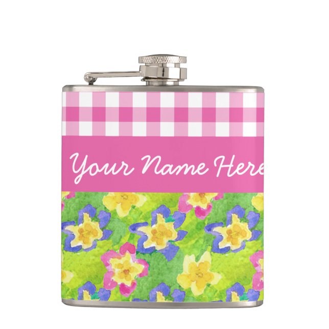 Cantil Primroses Hip Flask to Personalize: Gingham Rosa (Frente)