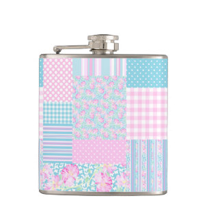 Cantil Rodas Rosa Borboletas Faux Patchwork Hip Flask