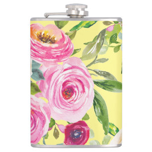 Cantil Rosas de aquarelas em rosa e creme em amarelo
