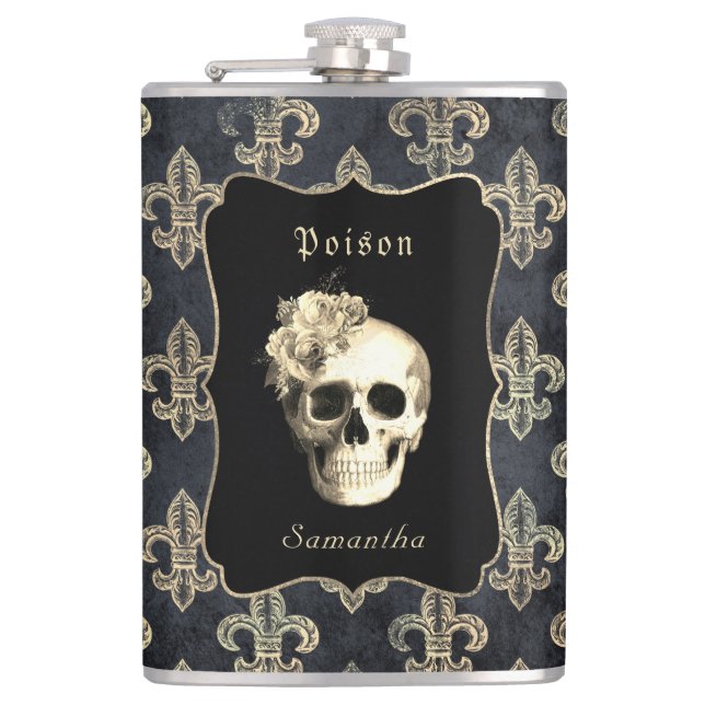 Cantil Rosas do crânio gótico - Flask personalizado (Frente)