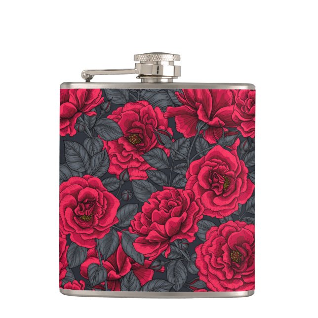 Cantil Rosas vermelhas com folhas de cinza em preto (Frente)