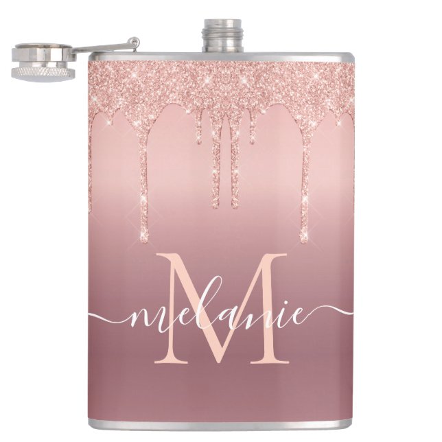 Cantil Rose Gold Sparkly Flask Personalized Name Letter (Aberto)