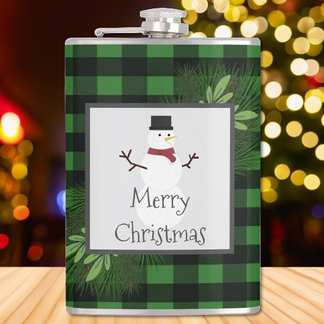 Cantil Snowman Green Buffalo Xadrez Flask (Green Snowman Buffalo Plaid Flask)