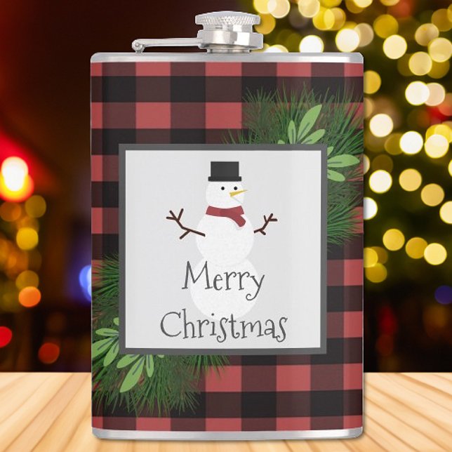 Cantil Snowman Red Buffalo Xadrez Flask (Red Snowman Buffalo Plaid Flask)
