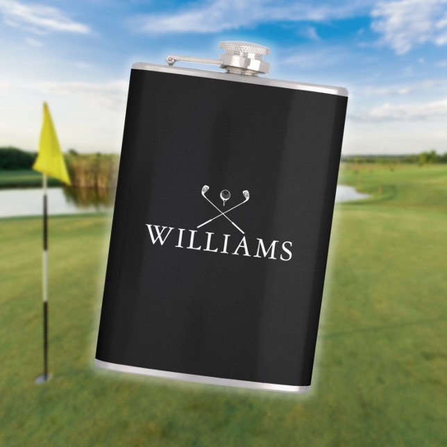 Cantil Tacos de Golfe Personalizados Preto e Branco (Personalized Name Golf Clubs Black And White Flask)