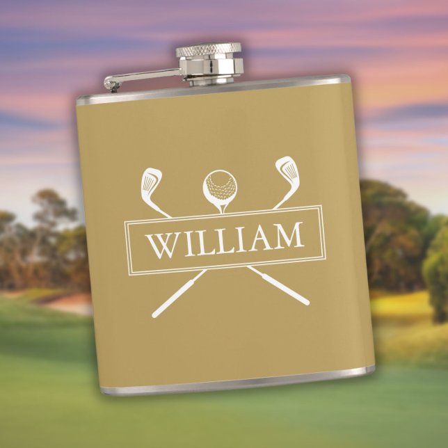 Cantil Tacos de Ouro e Branco Personalizados com Nome e B (Gold And White Personalized Name Clubs And Ball Flask)