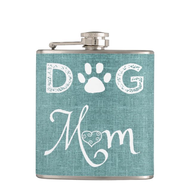 Cantil Teal Burlap Dog Mãe Flask (Frente)