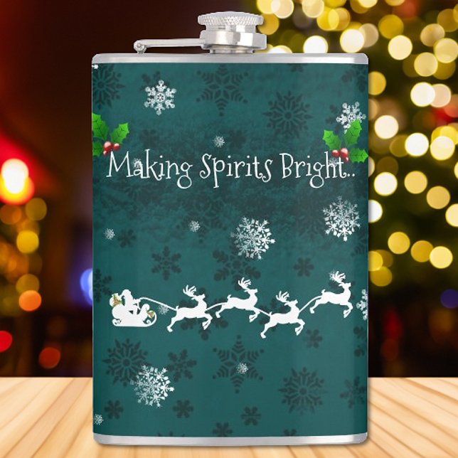 Cantil Teal Papais noeis Sleigh e Reindeer Flask (Teal Santas Sleigh and Reindeer Flask)