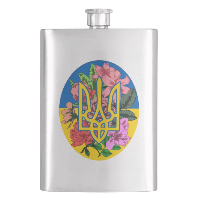 Cantil Tridente ucraniano e bandeira da Ucrânia com flore (Frente)