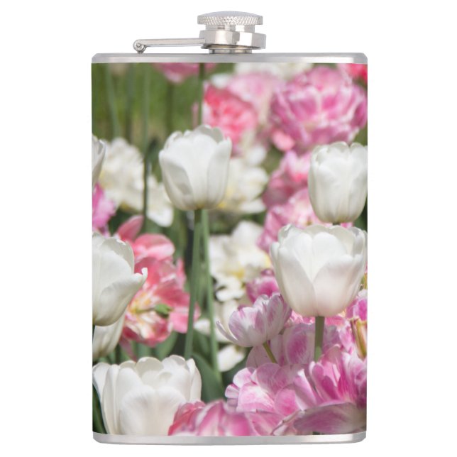 Cantil Tulipas brancas brilhantes e cor-de-rosa num sol (Frente)