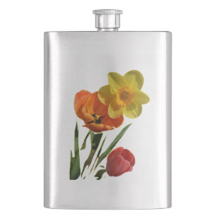 Cantil Tulipas vermelhas e flores de narciso amarelo