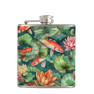 Cantil Watercolor Koi e Water Lily Hip Flask
