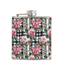 Xadrez Preta e Branca com Camellias Rosa Folha