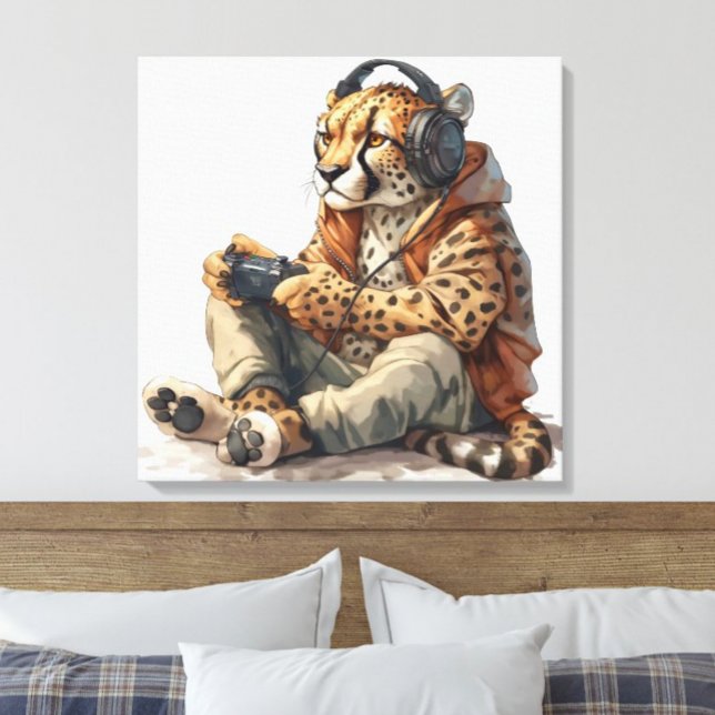 Canvas Cheetah Reproduzindo Videos games Arte para (Funny cheetah playing video games wearing headphones and hoodie kids canvas print for gamers)