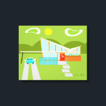 Canvas da Primavera da Palm Retro<br><div class="desc">Esta Casa de Primaveras Retro Palm com Canvas de Carro é um sonho de meio século moderno do amante. O design de arte minimalista apresenta uma elegante casa de laranja e vidro com um teto de forma de marca de seleção drasticamente inclinado. A porta vermelha compensa o plantador de pedra...</div>