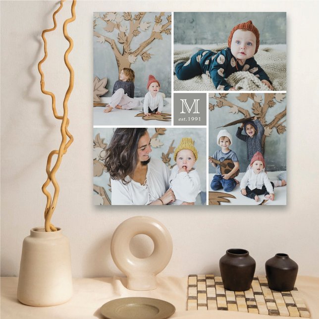 Canvas de Colagem de Fotografias do Monograma da F (Modern Square Family Monogram 4 Photo Collage Canvas @ fat_fa_tin)