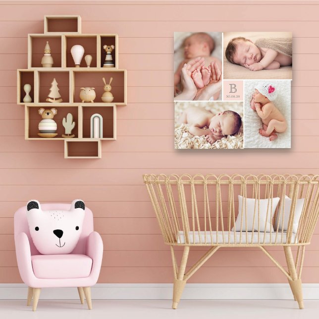 Canvas de Colagem de Fotos da Modern Baby Girl Mon (Modern Baby Girl Monogram Pink Center Square 4 Photo Collage Canvas Print @ fatfatin_box)