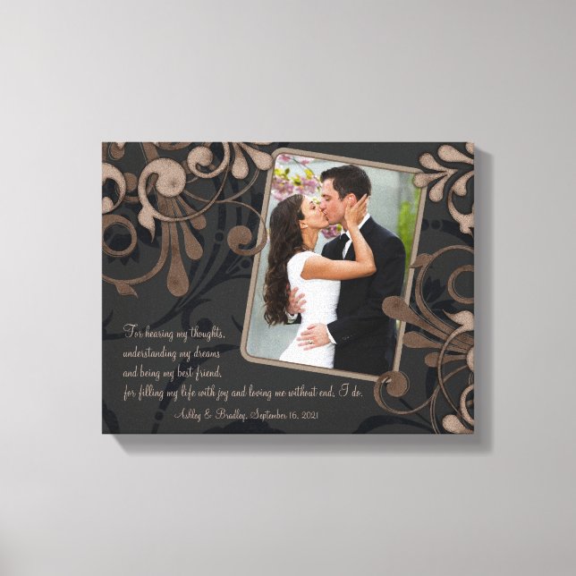 Canvas de Modelo de Foto de Casamento Floral Preto (Frente)