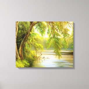 Canvas estendida com árvores e água.