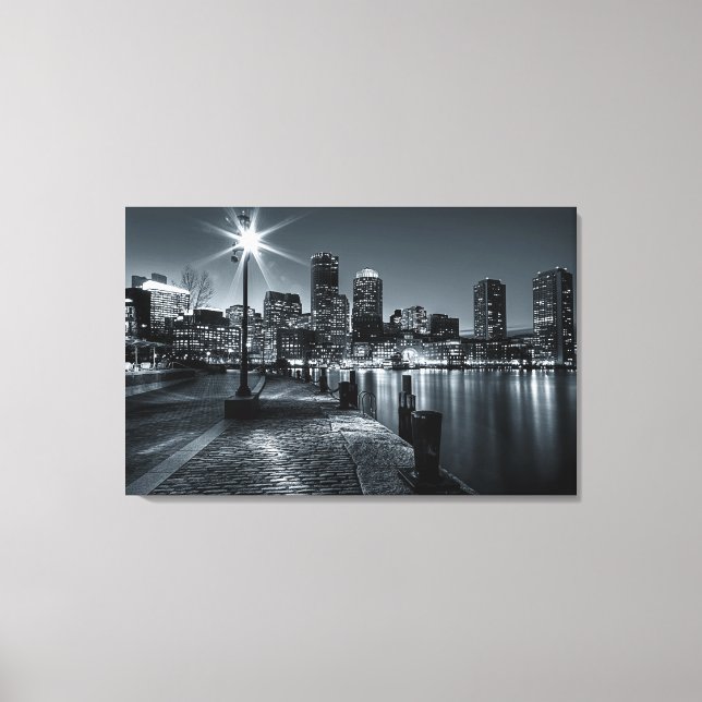 Canvas Noturna B&W de Boston Harbor (Frente)