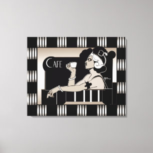 Canvas Vintage Cafe Arte Deco Listra Preto Prata