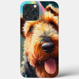 Cão Airedale com chapéu de aniversário e balões