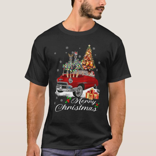 Cão Dobermann em Luzes de Natal de Camisa Camisola (Frente)
