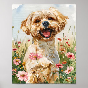 Cão Maltês Fluffy Watercolor Art Impressão Poster