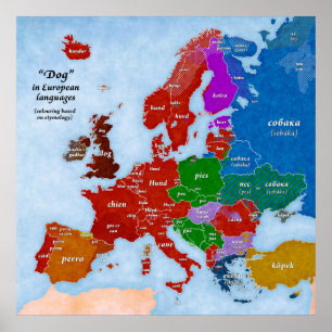 Cão no poster europeu do mapa das línguas